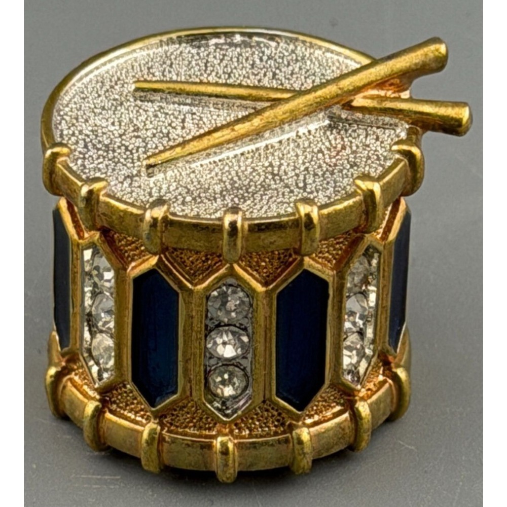 Vintage Drum Brooch Blue Enamel Clear Rhinestones Gold Tone Figural HS Band 7/8"